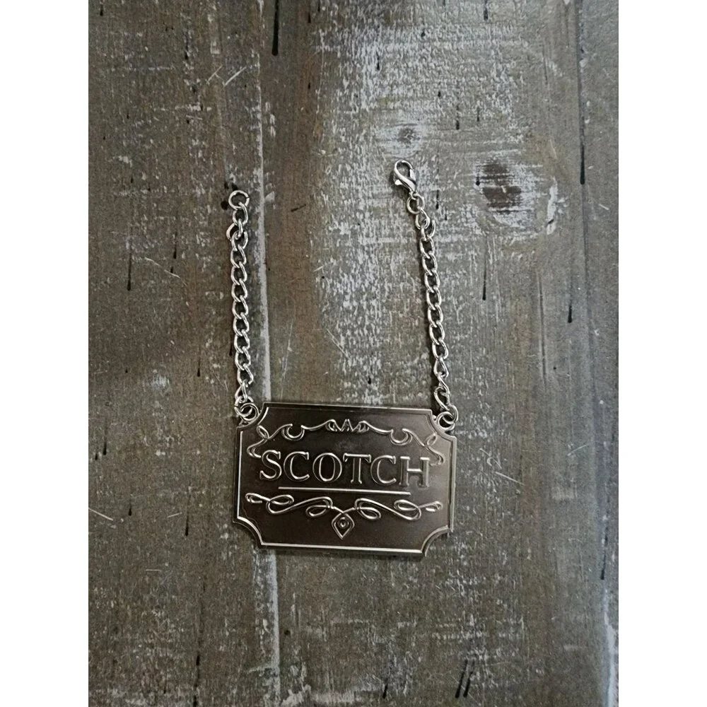 Scotch Silver Toned Liquor Decanter Label Tag For‎ Scotch With Ornate Chain